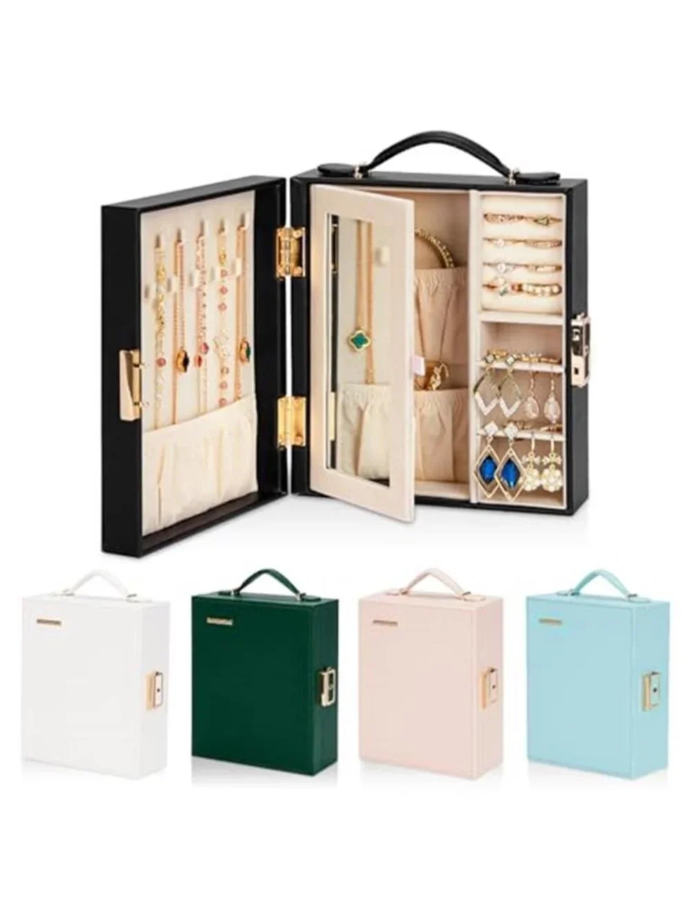 Black Travel Jewelry Box Organizer Lock Necklace Ring Earring Storage Case